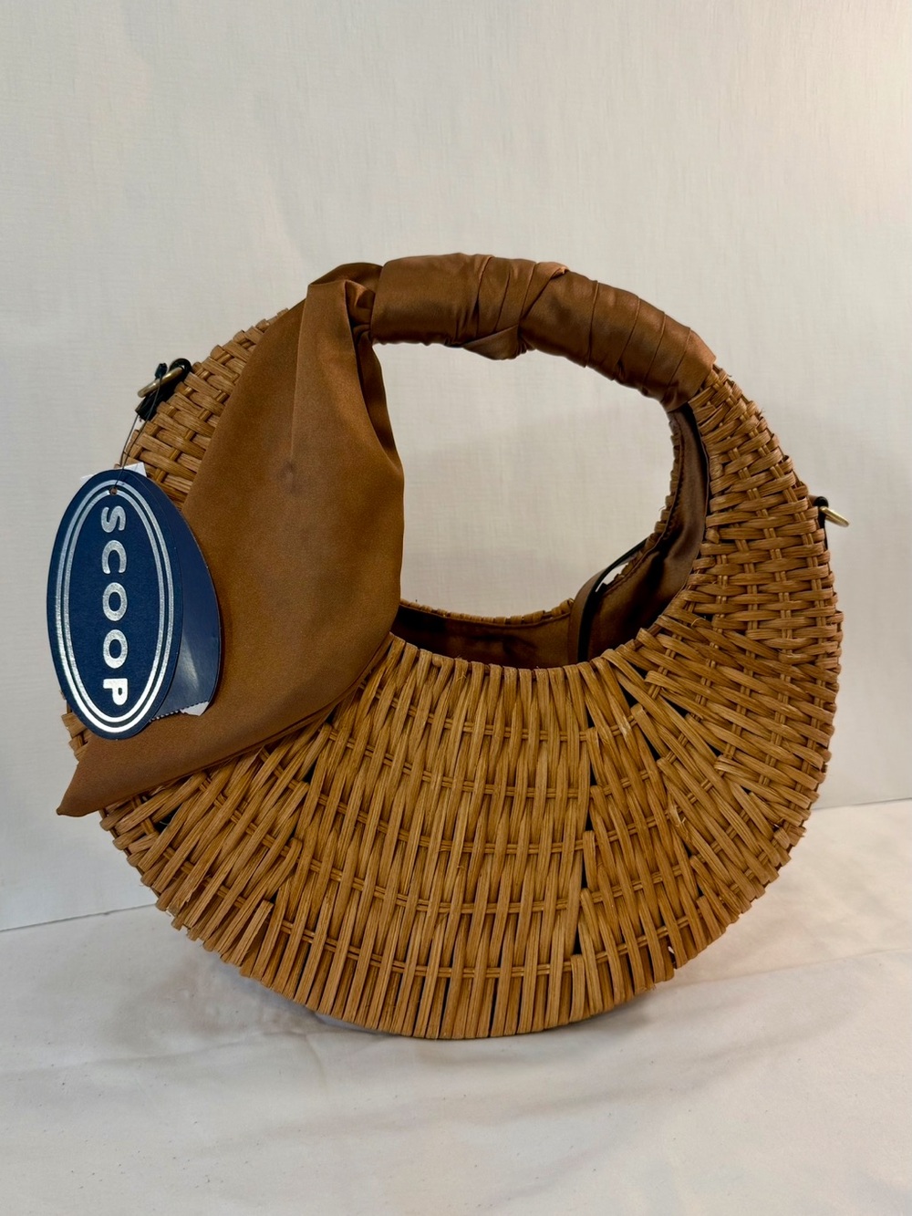 Scoop Brown Woven Crescent Shoulder Bag with Scarf-Wrapped Handle